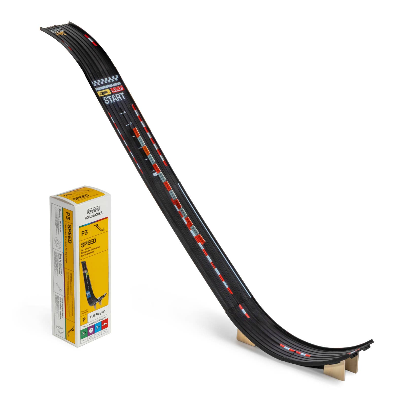 Model race track with a box labeled 'Speed' on a white background