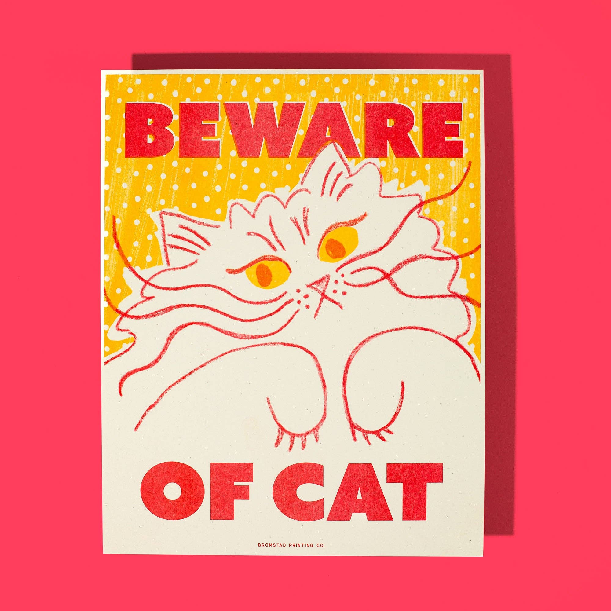 Poster with a cat illustration and 'Beware of Cat' text on a red background