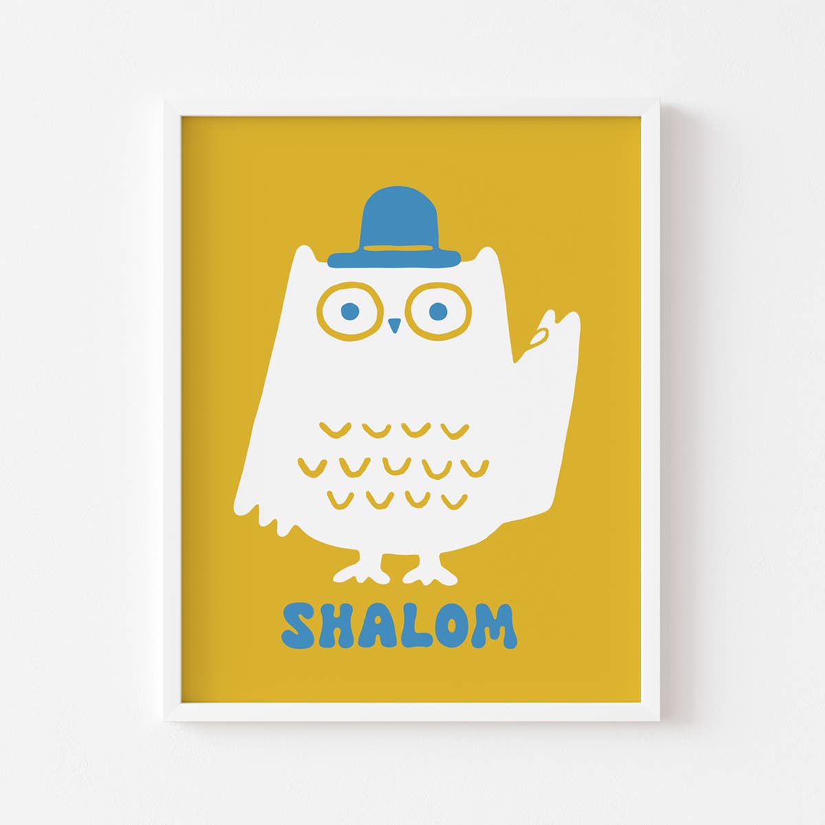 Poster with an owl wearing a blue hat and 'SHALOM' text on a yellow background