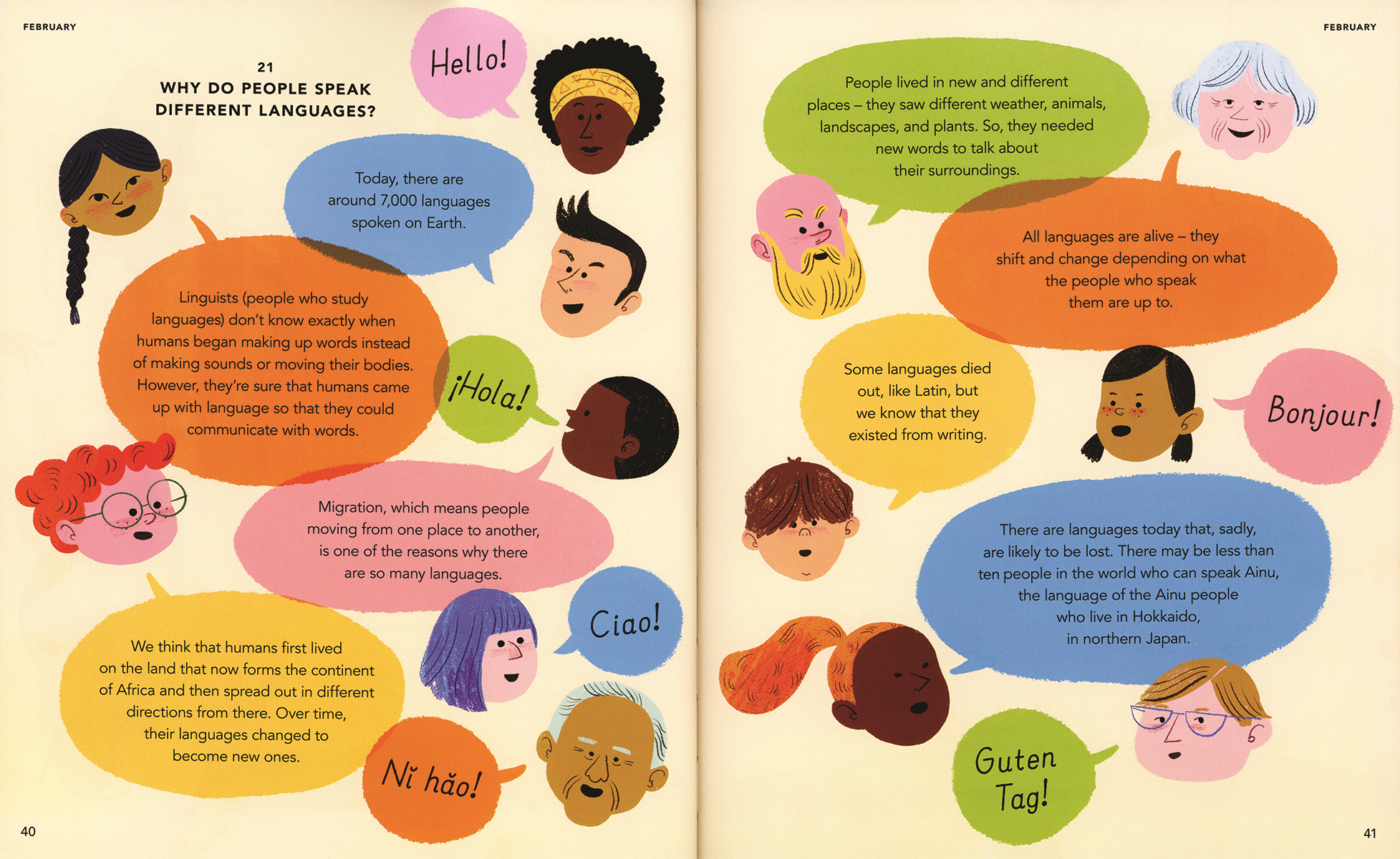 Illustrated book open to two pages explaining languages and migration.