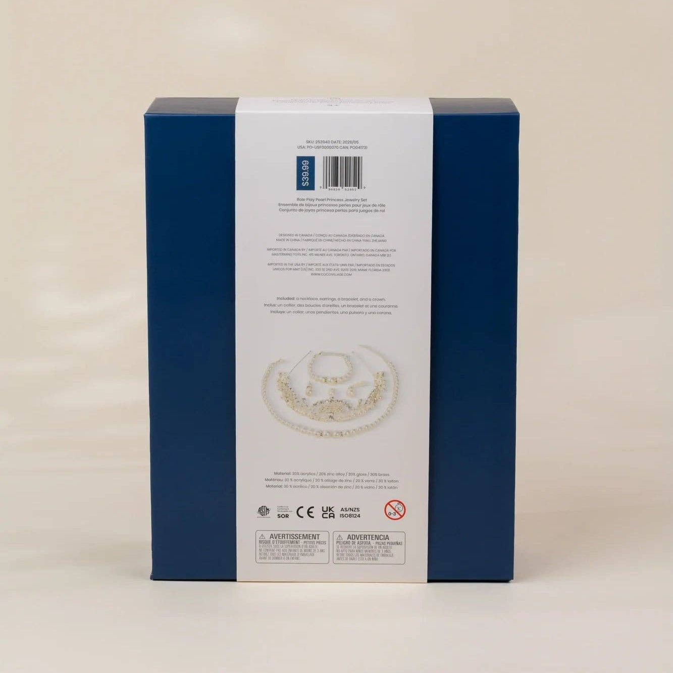 The back of a dark blue rectangular product box with a white vertical label strip, photographed against a plain light beige background.