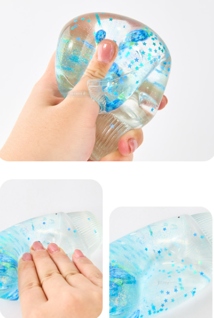A hand squeezes a clear, jelly-like sensory toy filled with blue glitter and star-shaped confetti. The collage shows close-up views of the hand pressing the toy and the toy's squishy texture with embedded blue glitter.