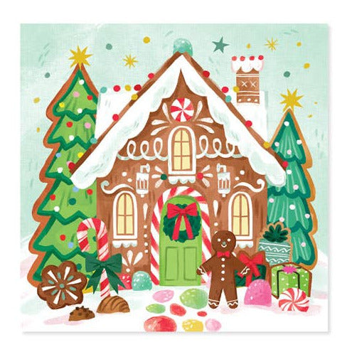 Illustration of a gingerbread house with candy decorations on a light green background