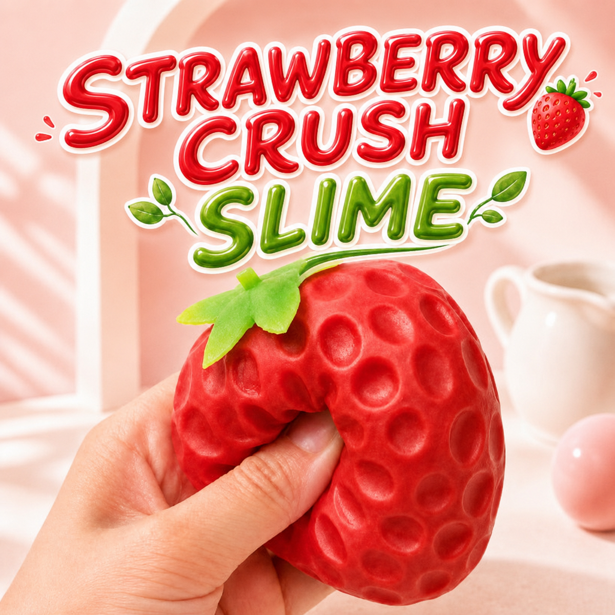 A hand holds a red strawberry-shaped squishy toy with green leaves, under large colorful text reading 'Strawberry Crush Slime' on a soft pink background with a small white pitcher in the distance.