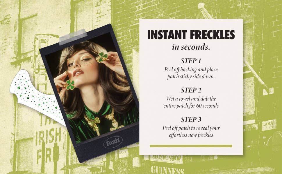 Product packaging for instant freckles with step-by-step instructions on a vintage-style background.