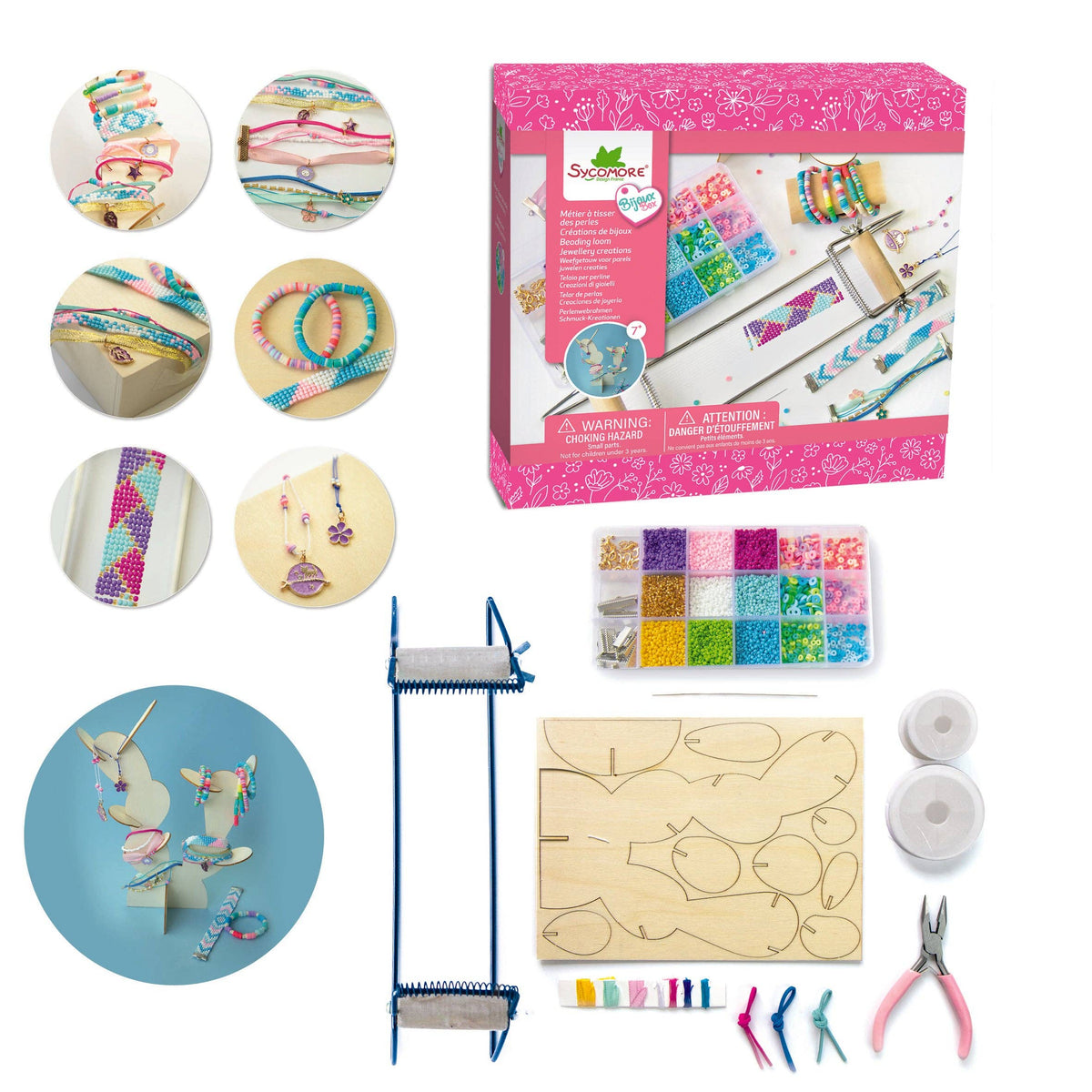 Children's jewelry-making kit with tools and materials on a white background