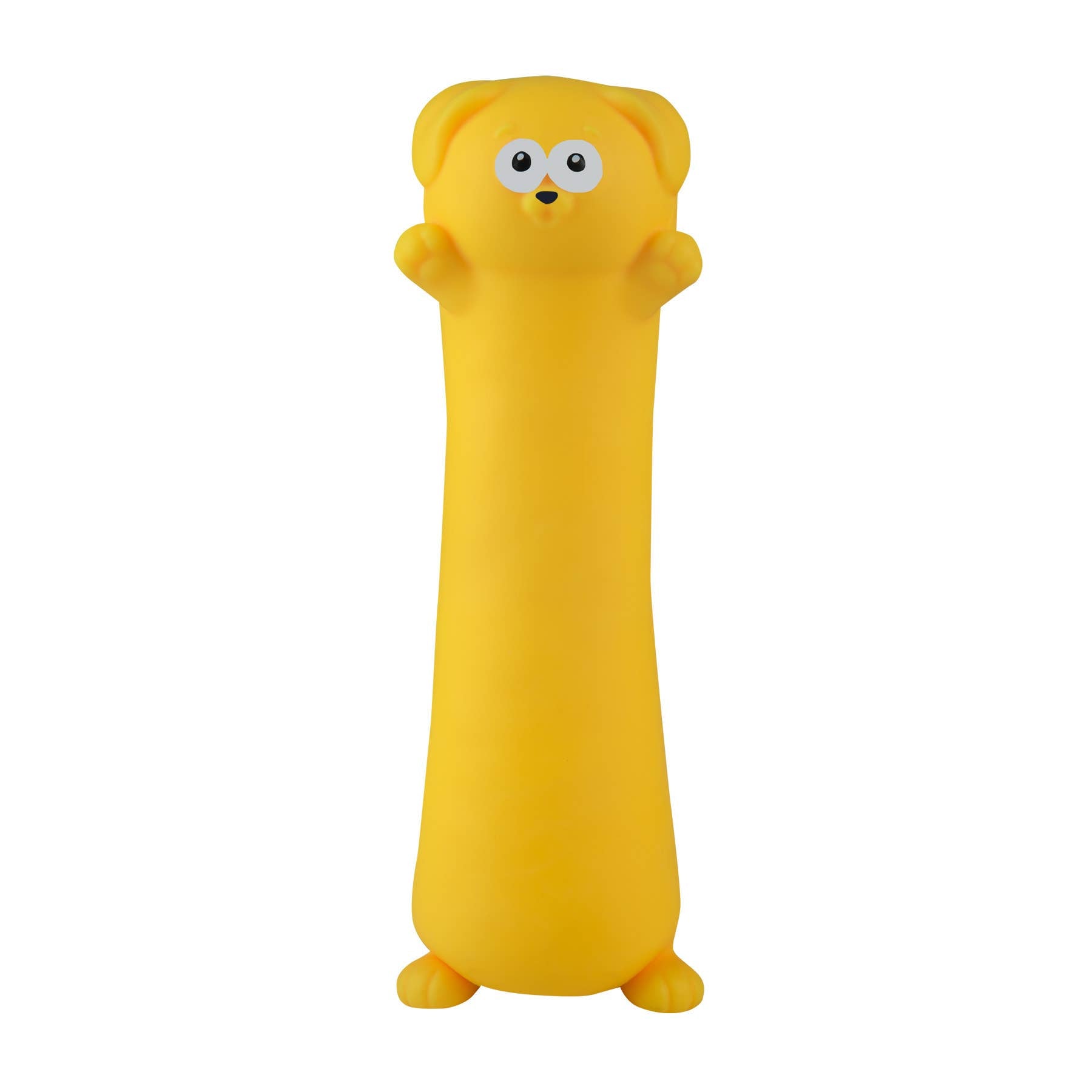 Yellow rubber toy with a face on a white background