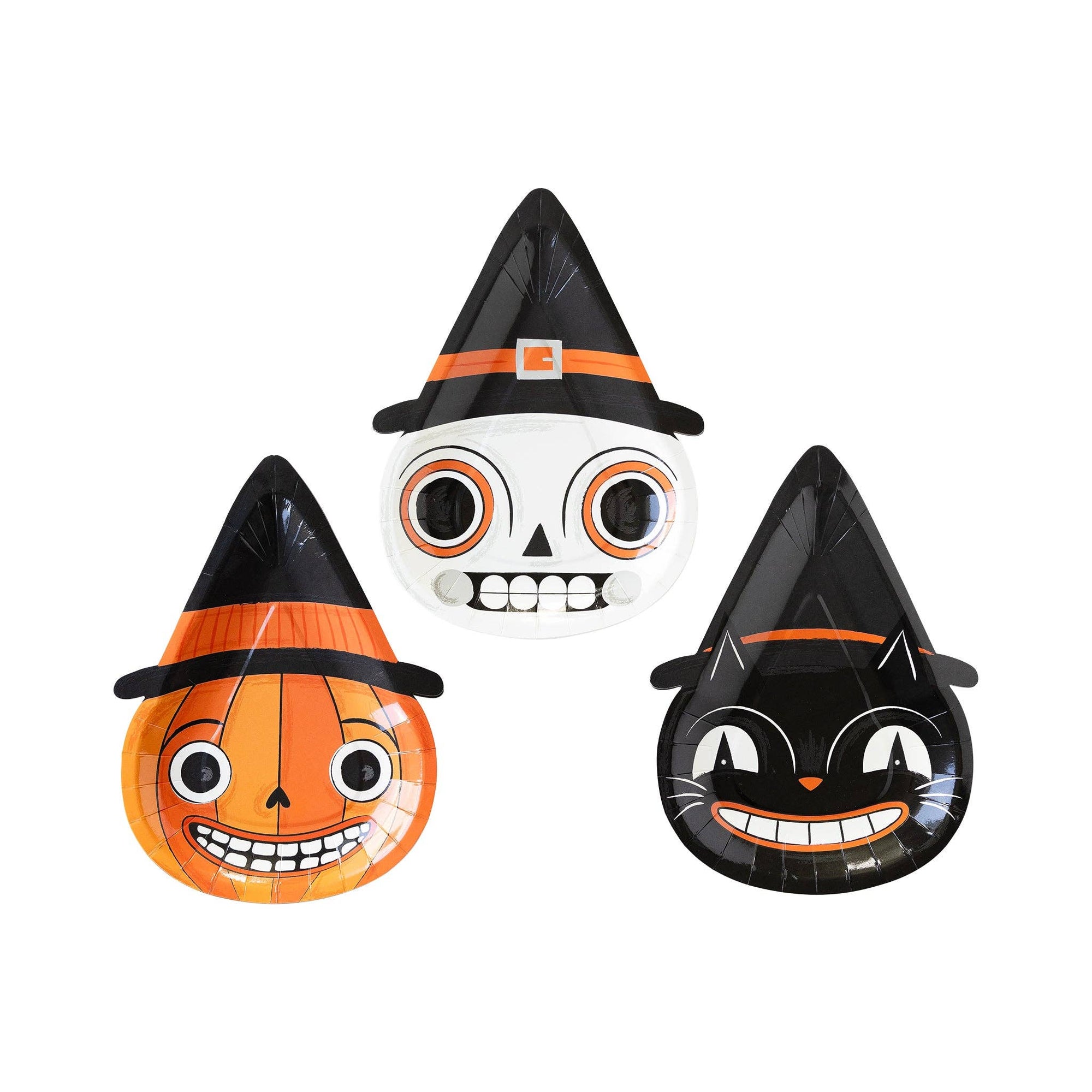 Three Halloween-themed plates with pumpkin, skull, and cat designs on a white background.