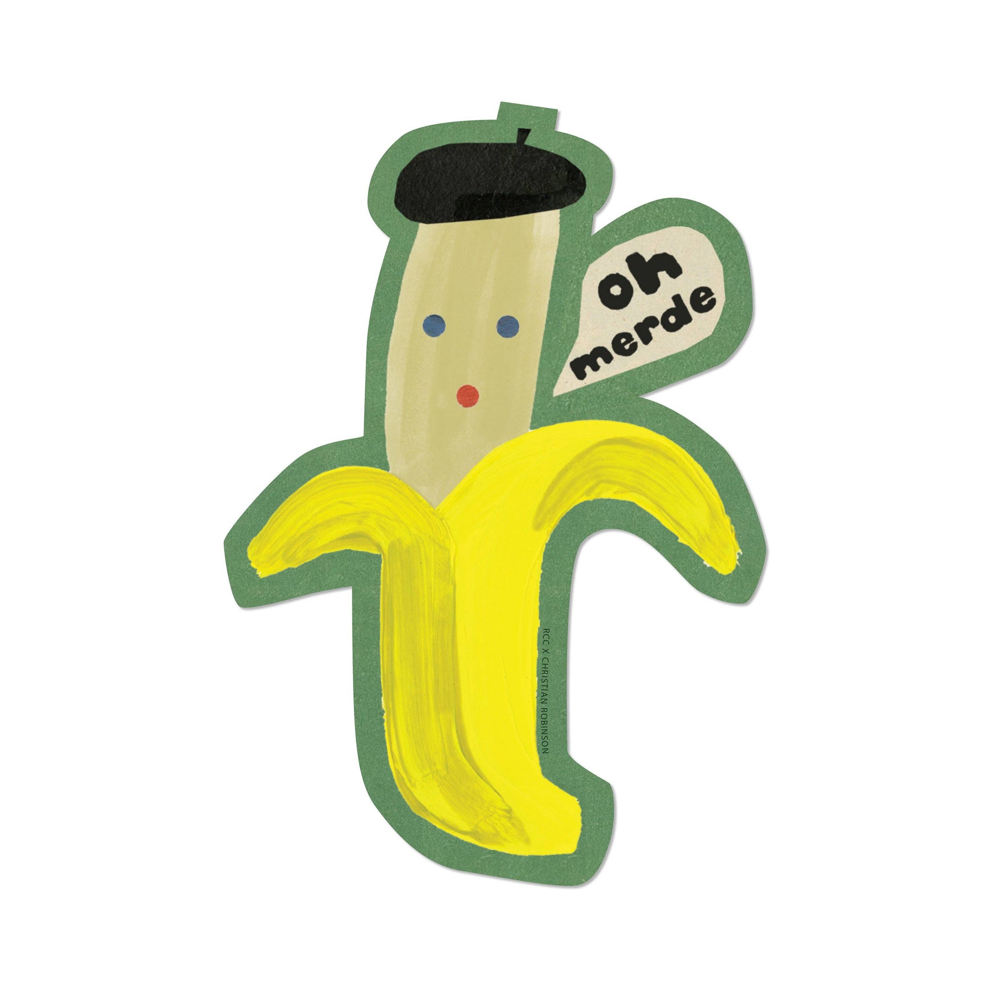 Cartoon banana character with a face and speech bubble on a white background
