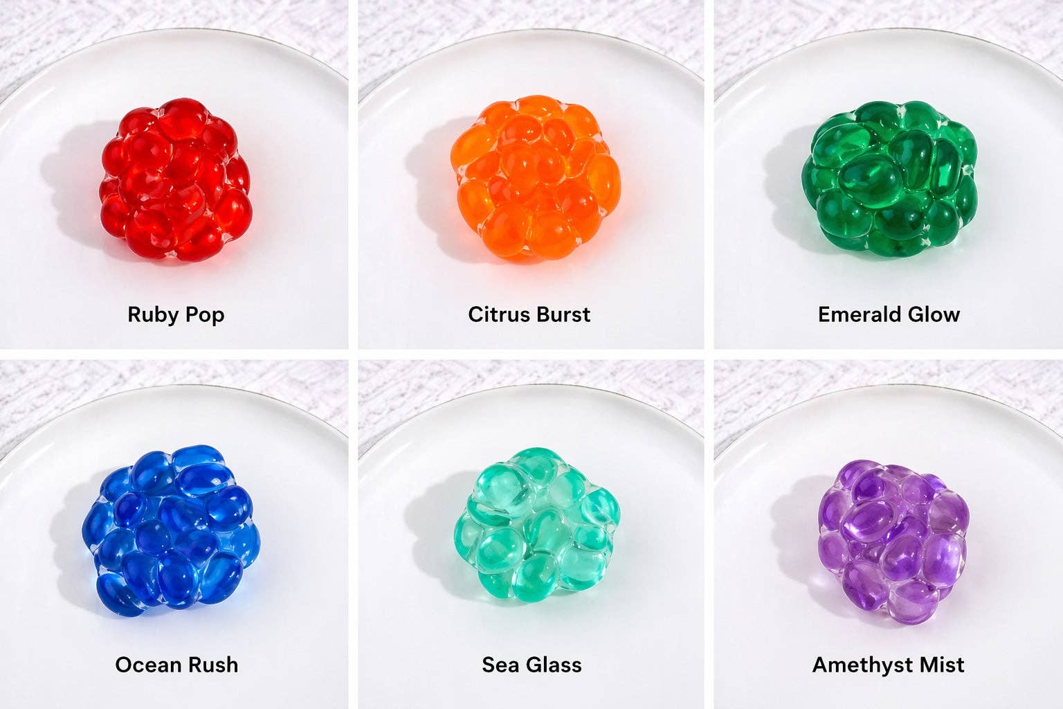 Six colorful gelatinous bead balls on white plates with names below each.