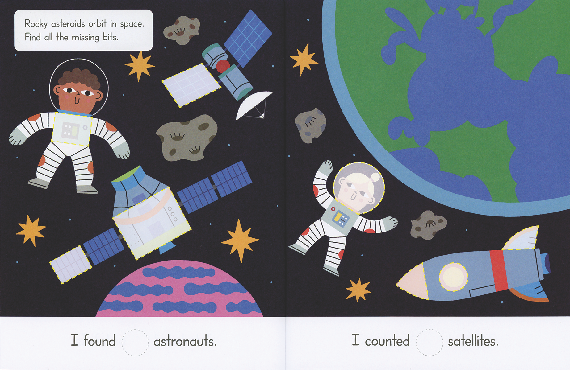 Children's book page with space-themed illustrations including astronauts, planets, and satellites.