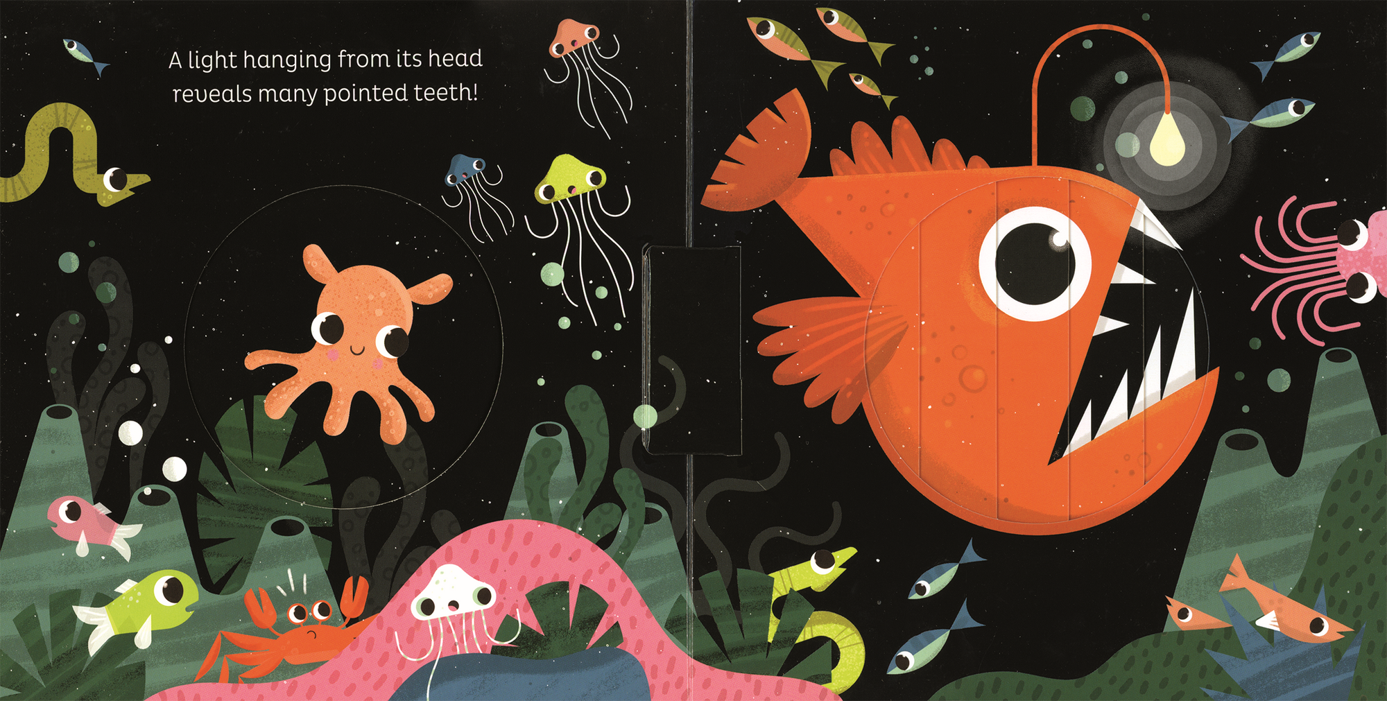 Illustration of a menacing fish with pointed teeth in an underwater scene.