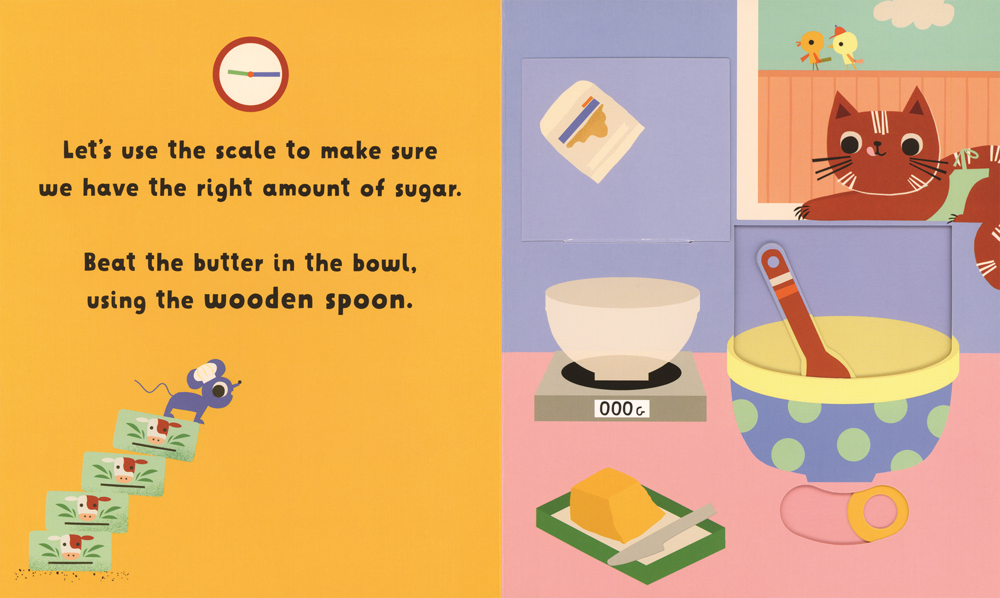Illustration from a children's book showing a kitchen scene with a cat, scale, and bowl.