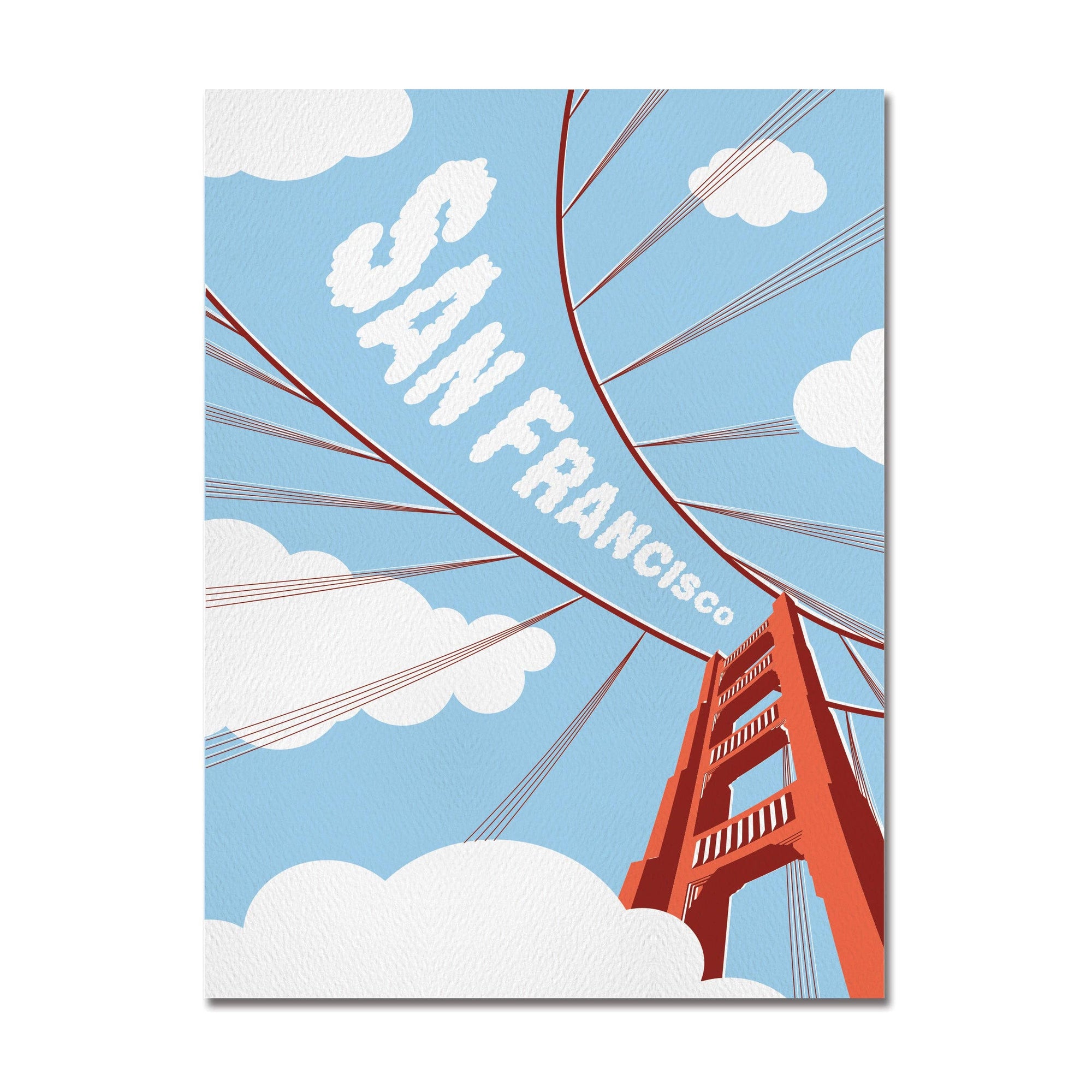 Poster with a stylized illustration of the Golden Gate Bridge and 'San Francisco' text against a blue sky.