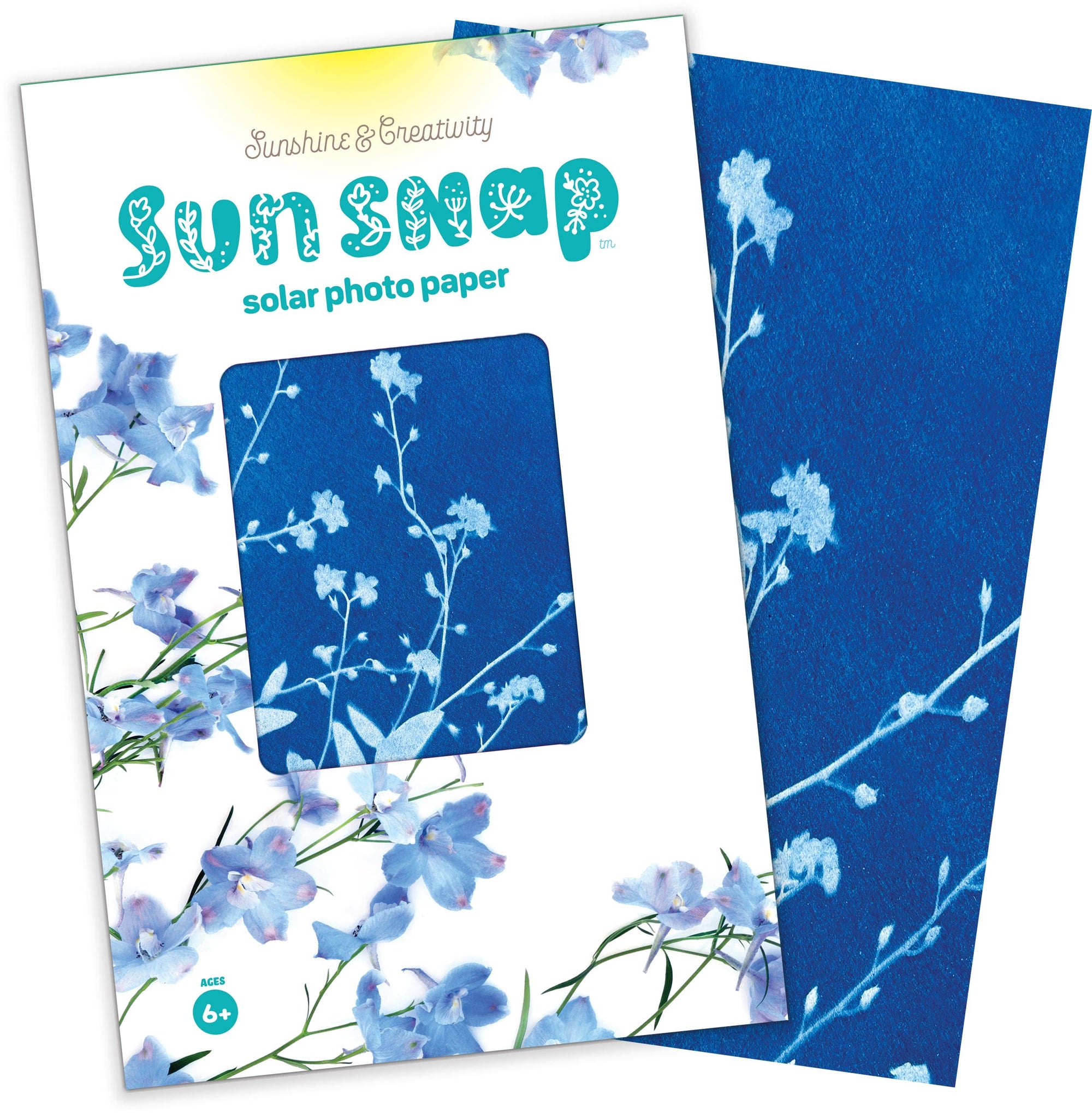 Sun Snap solar photo paper with blue floral design on packaging