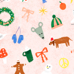 Colorful Christmas-themed icons on a light pink background
