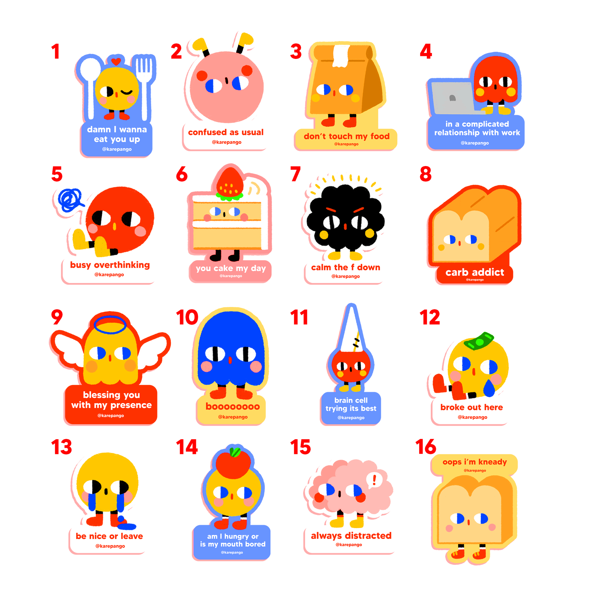 Set of colorful animated characters with text labels on a white background