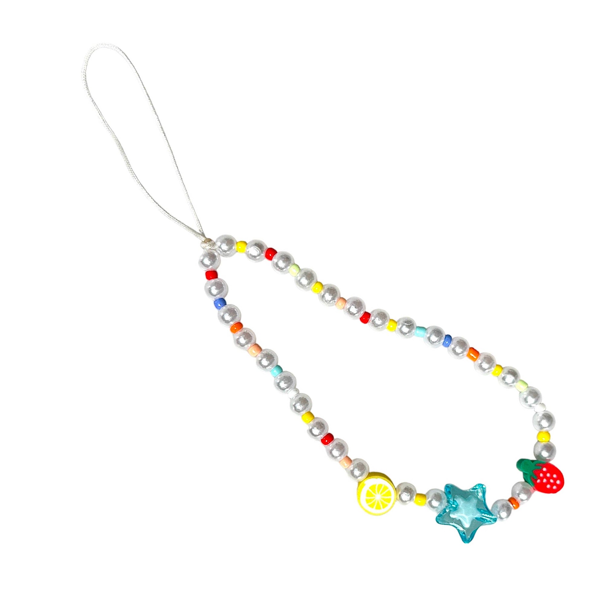 Colorful beaded phone charm with starfish and leaf shapes on a white background