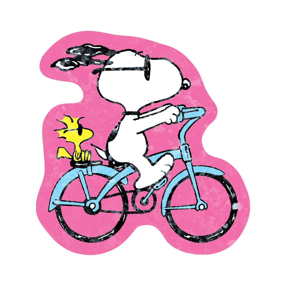 Snoopy riding a bicycle with Woodstock on a pink number '3' background