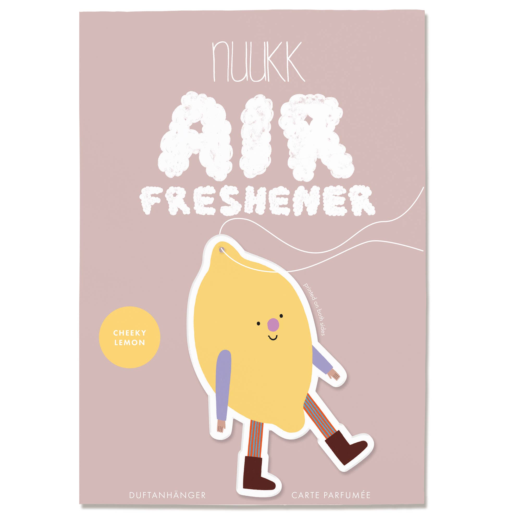 A rectangular product card or packaging panel for 'nukk Air Freshener' in Cherry Lemon scent. The background is a dusty mauve-pink color with white text and a cute cartoon lemon character wearing blue and brown clothes.