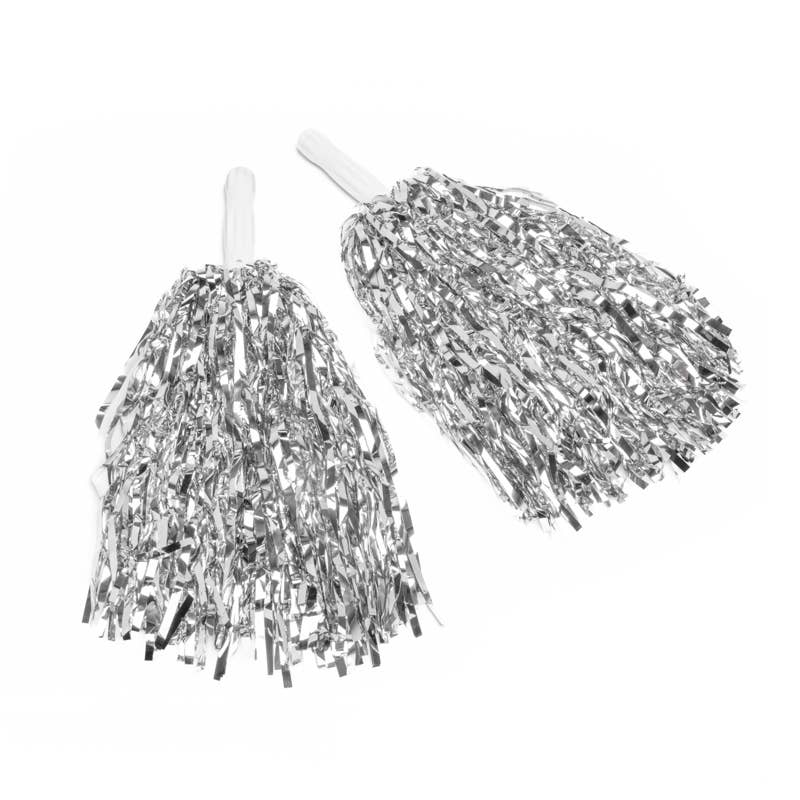 Pair of silver pom-poms on white background