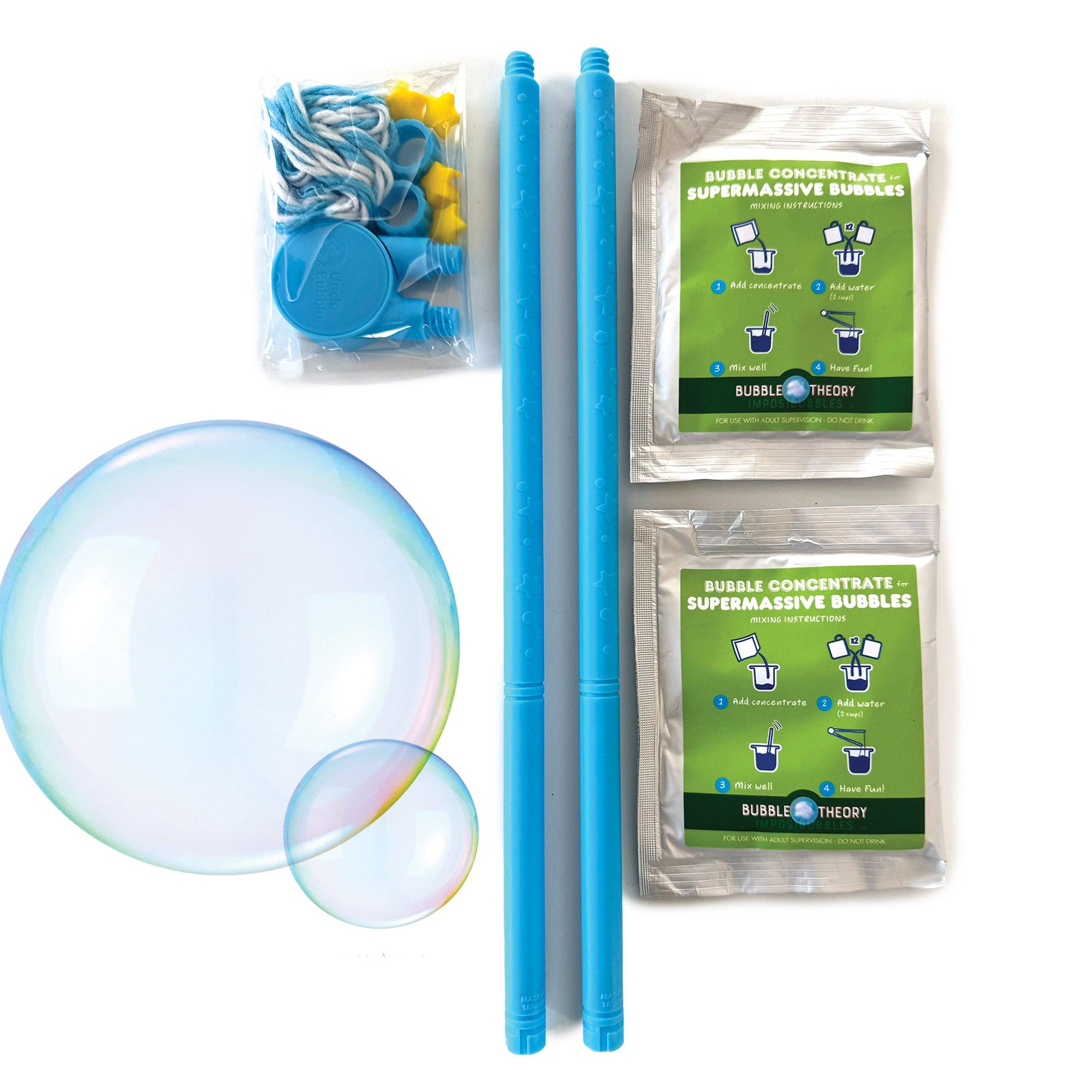 Bubble-making kit with bubble wands, bubble solution packets, and bubble balloons on a white background
