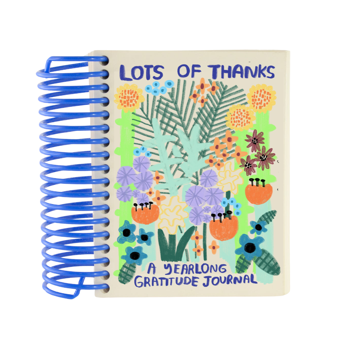Colorful gratitude journal with floral design and blue spiral binding on a white background