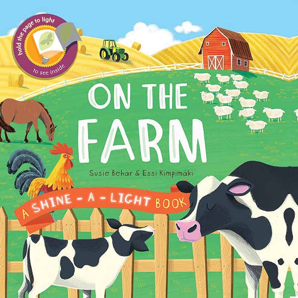 Book cover of 'On the Farm' with farm animals and a barn on a colorful background.