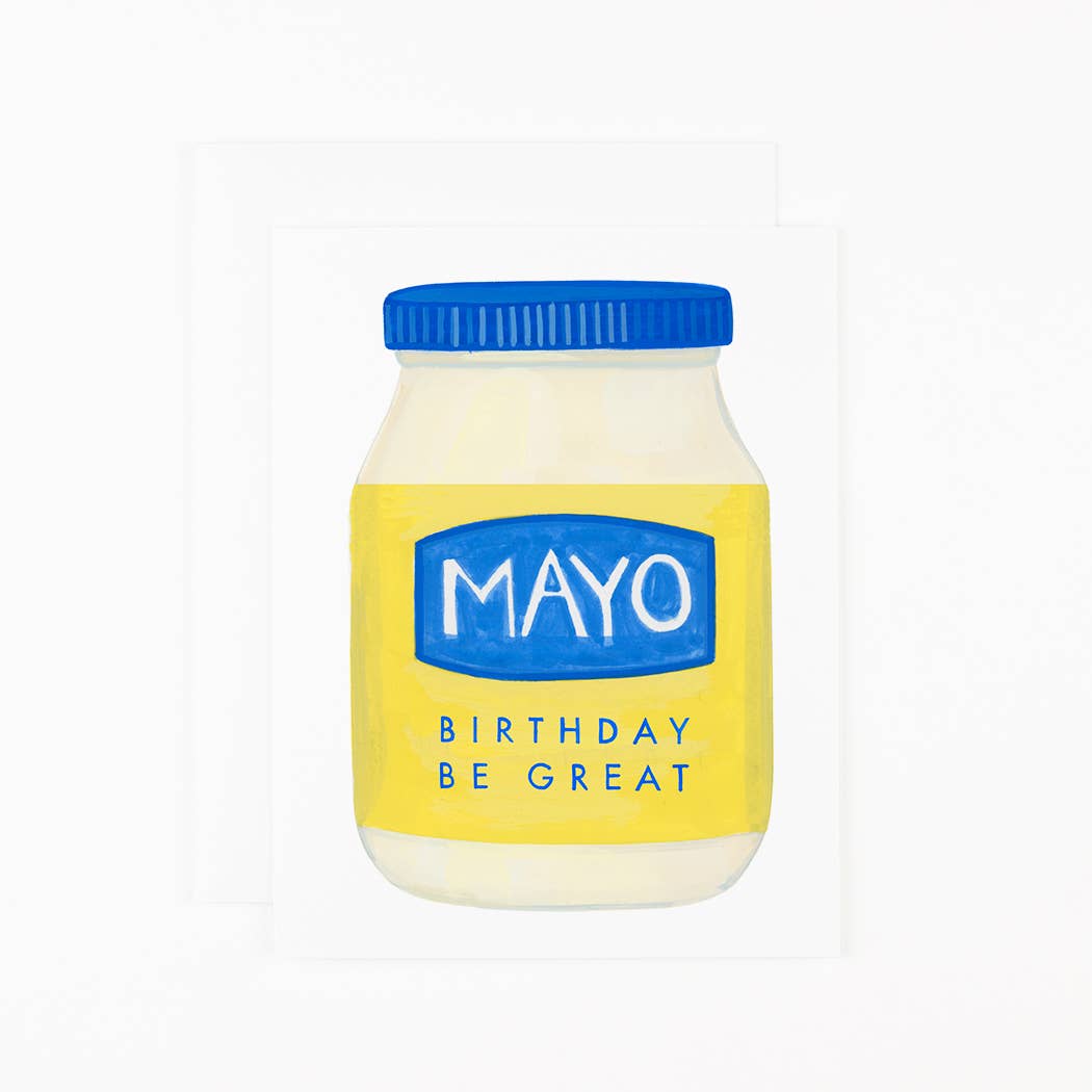 Jar of mayonnaise with a blue lid and 'MAYO Birthday Be Great' label on a white background