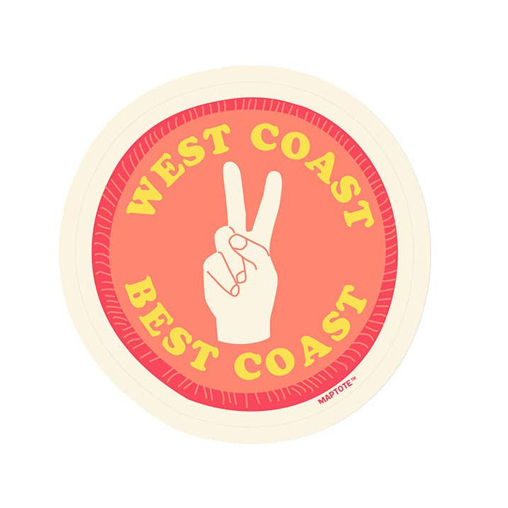 Round sticker with 'West Coast Best Coast' text and peace sign on a white background