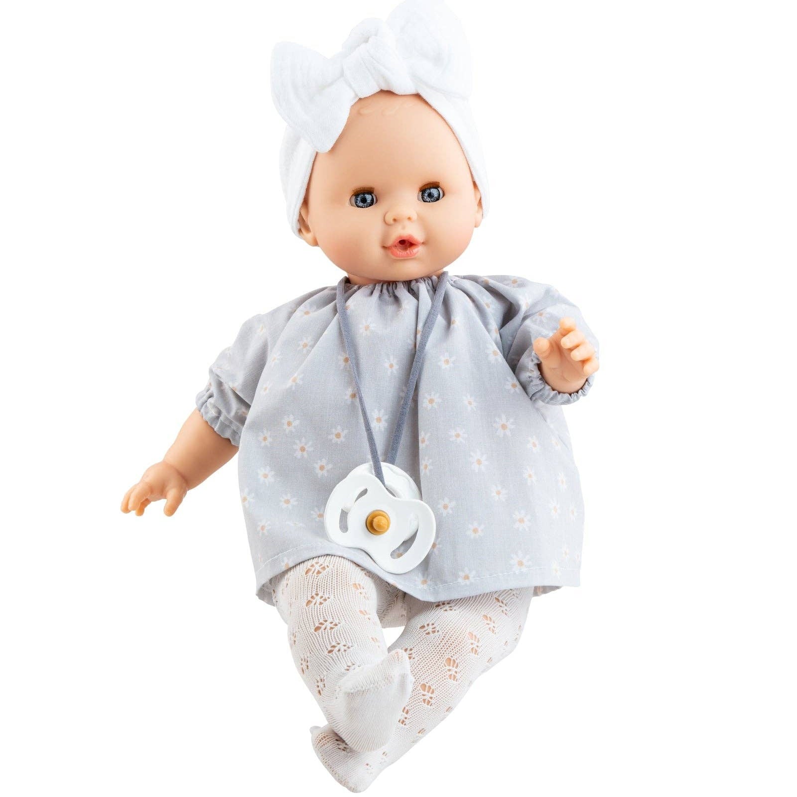 Baby doll wearing a gray outfit with a pacifier on a white background