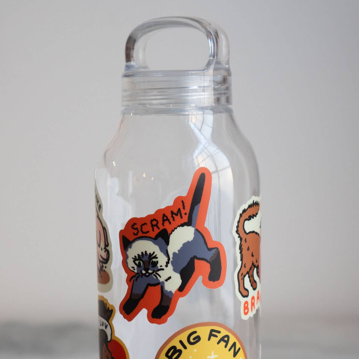 Clear water bottle with cartoon character stickers on a gray background