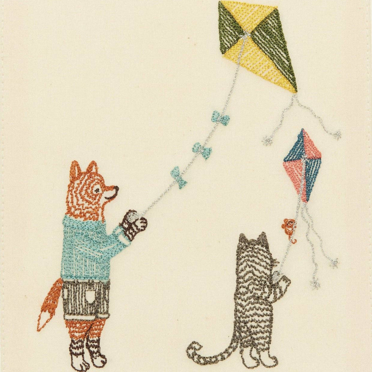 Illustration of two animals flying a kite on a beige background