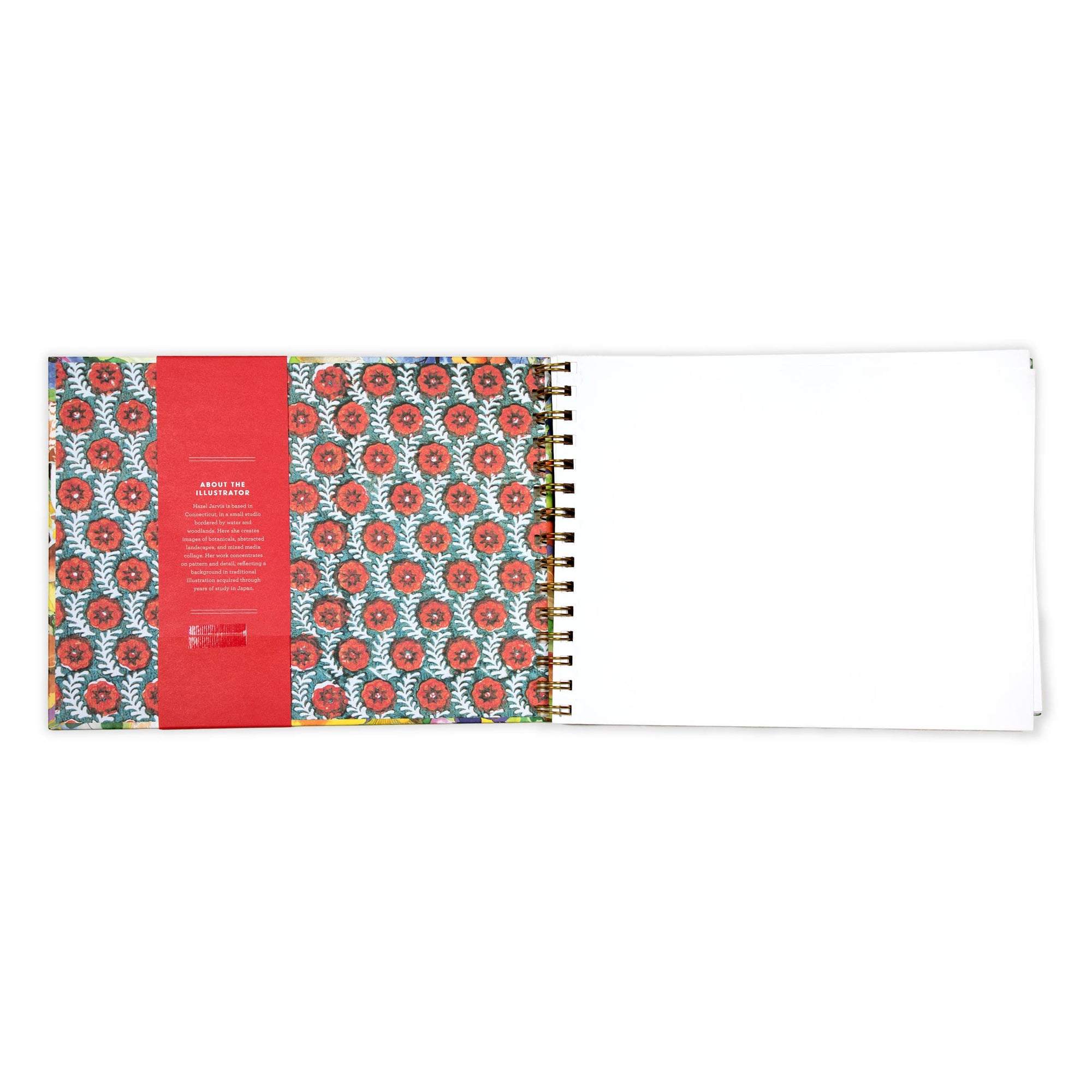 Floral patterned notebook with a red strip on a white background