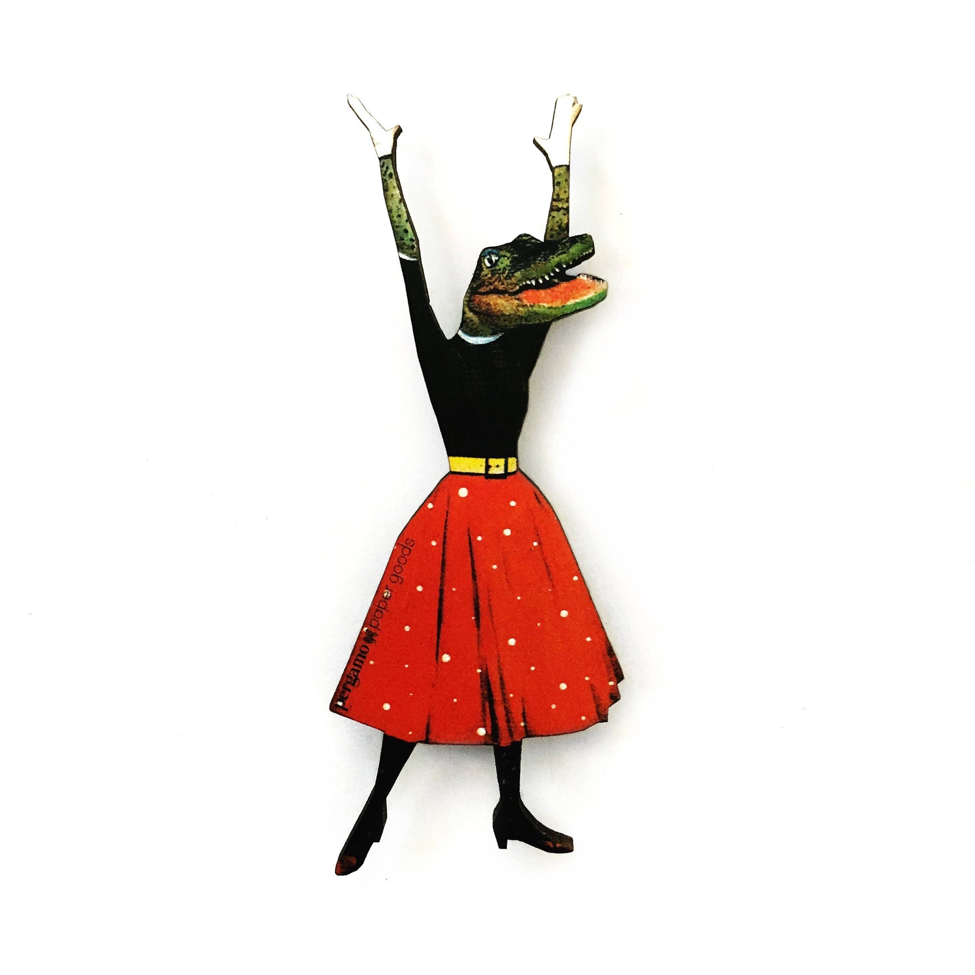 Frog character wearing a black top and red skirt with white polka dots on a white background