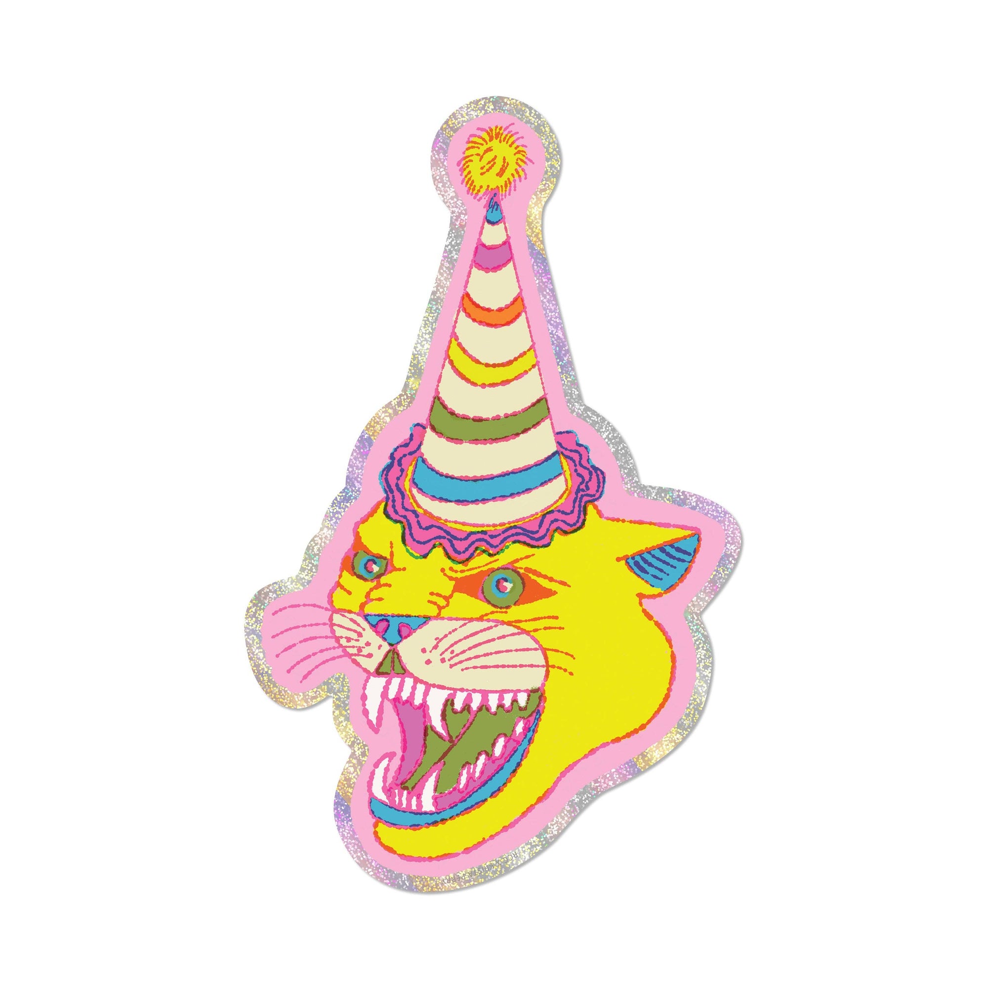 Colorful cat-shaped sticker with a party hat on a white background