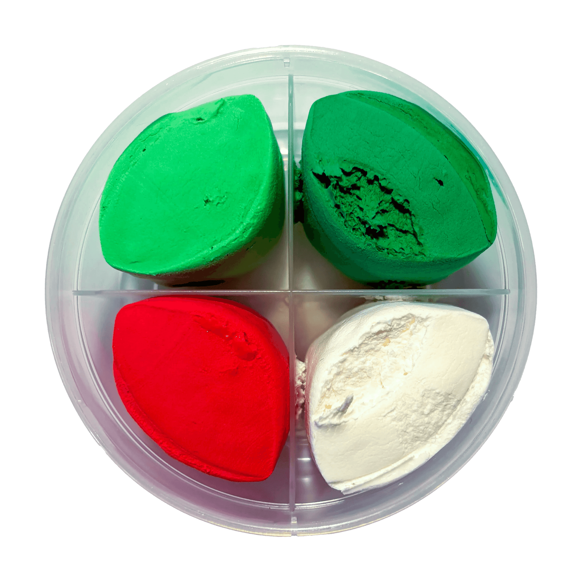 Four colored clay pieces in a clear plastic container on a dark gray background