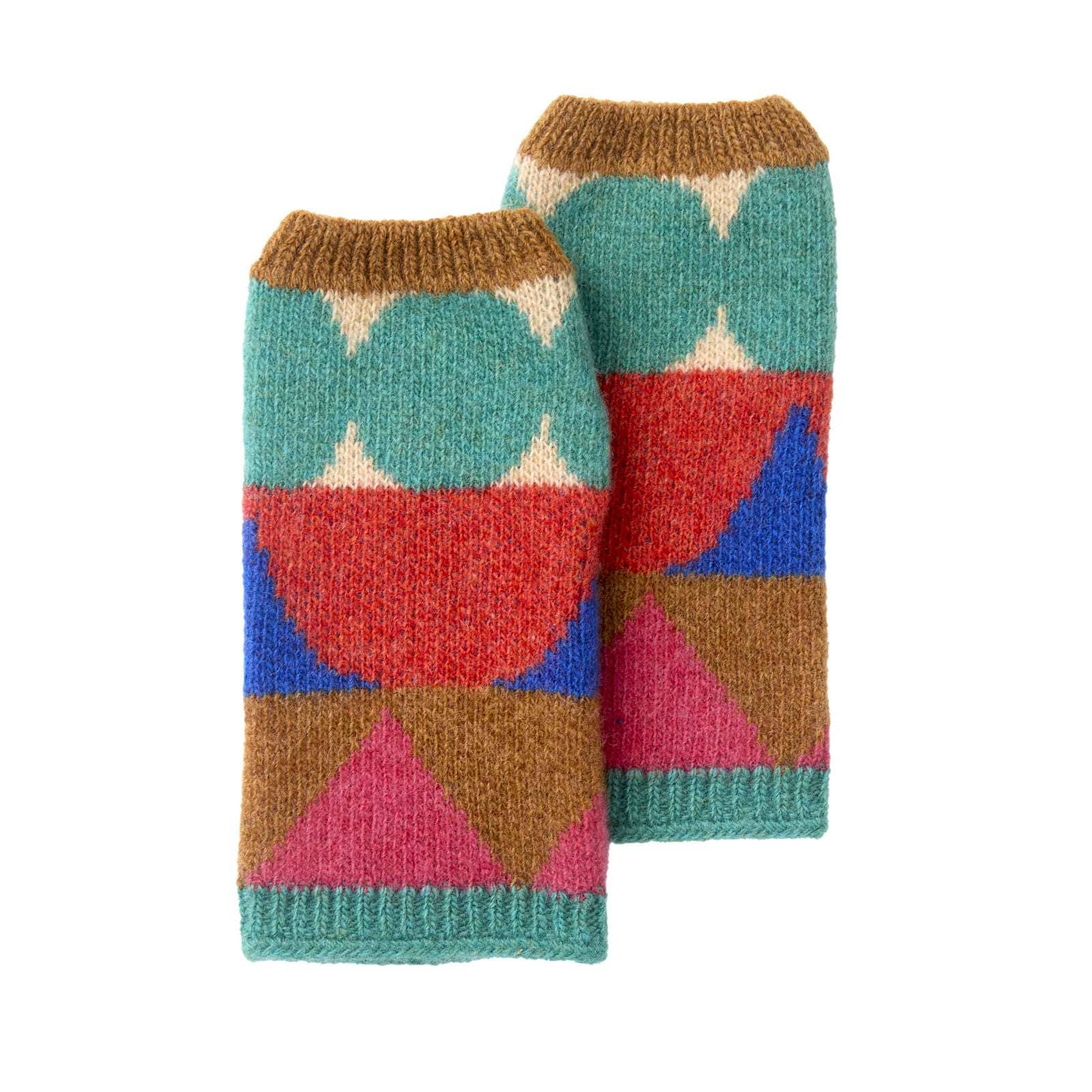 Colorful geometric-patterned leg warmers on a white background