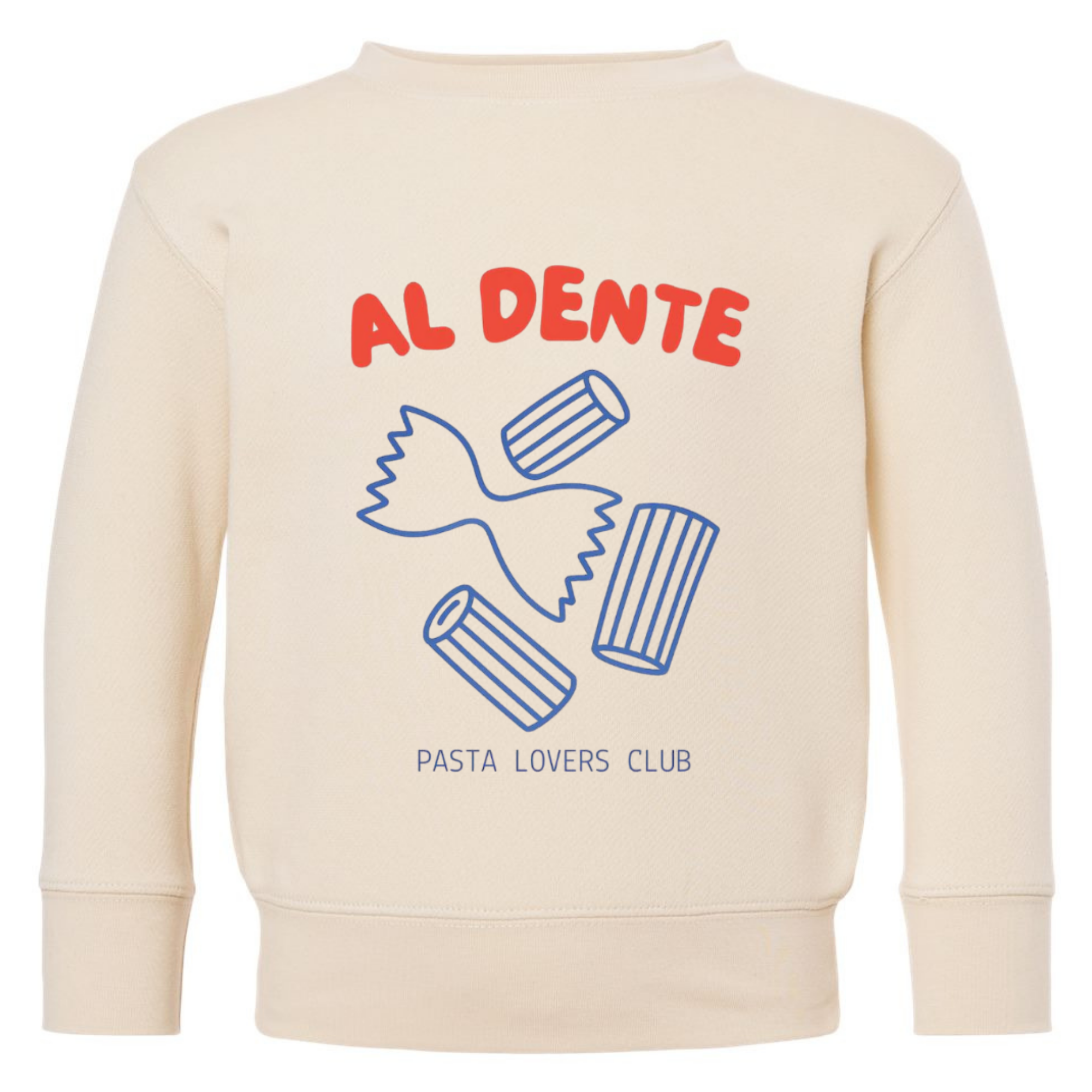 Beige sweatshirt with 'Al Dente Pasta Lovers Club' design on a white background