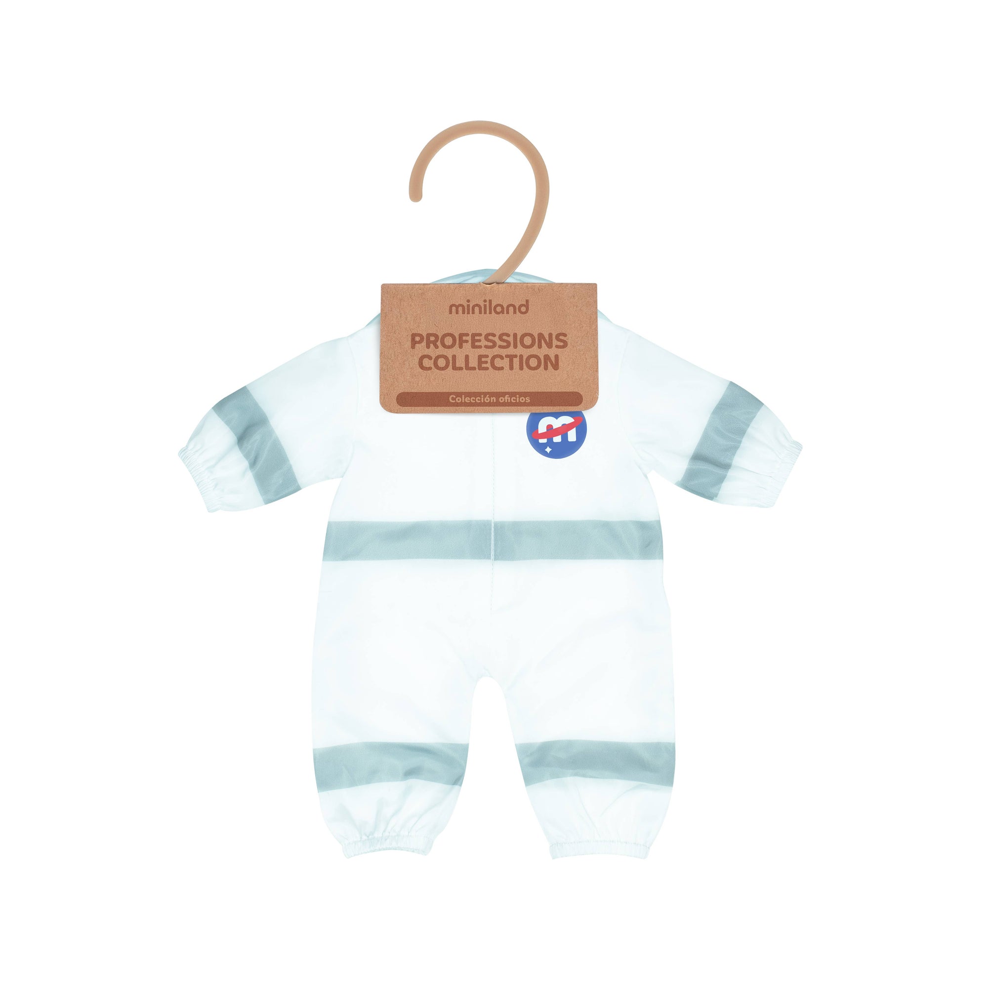 Doll outfit with striped pattern on a hanger, featuring 'miniland' brand.