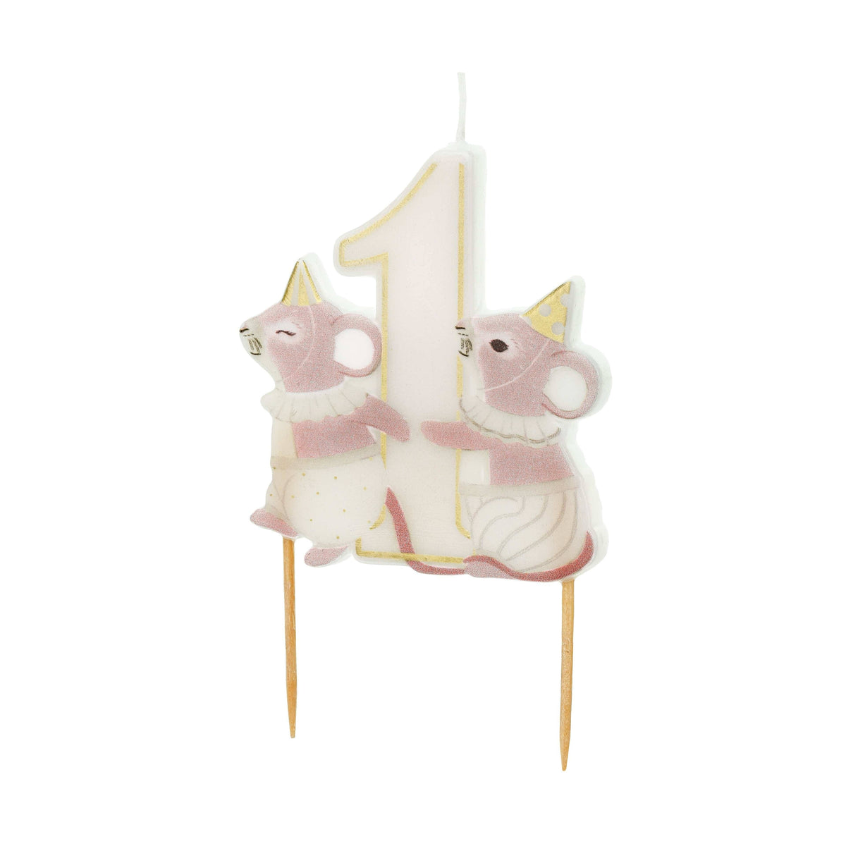 Candle shaped like the number '1' with bear designs on a white background