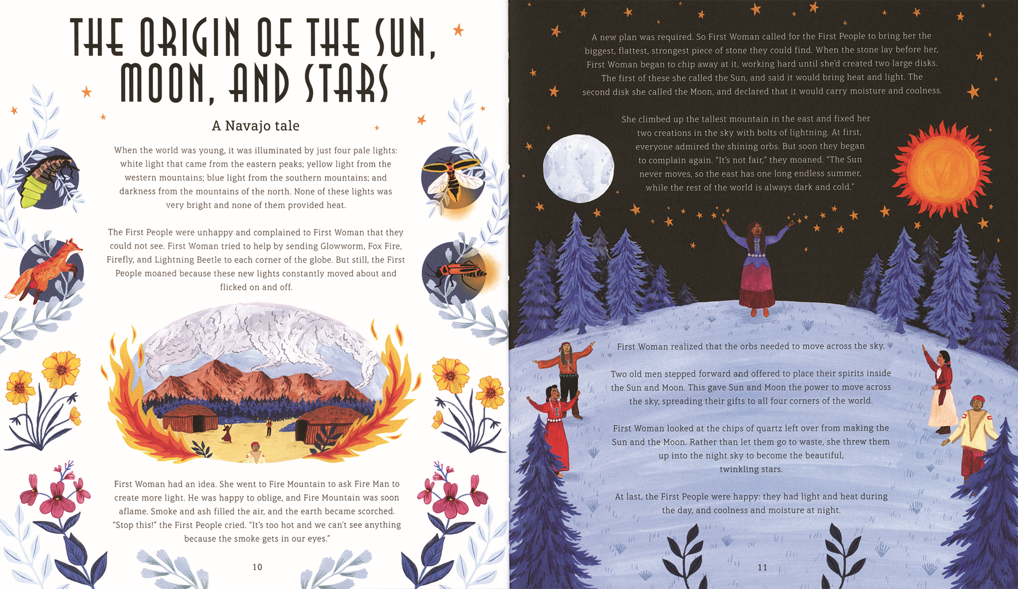 Illustrated pages from a children's book about the origin of the sun, moon, and stars.