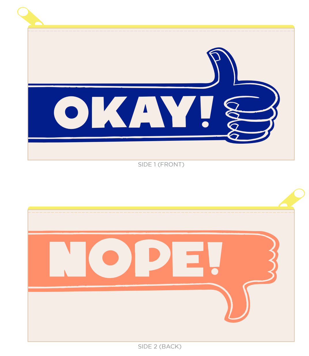 Two pouches with 'OKAY!' and 'NOPE!' text and hand symbols on a white background.
