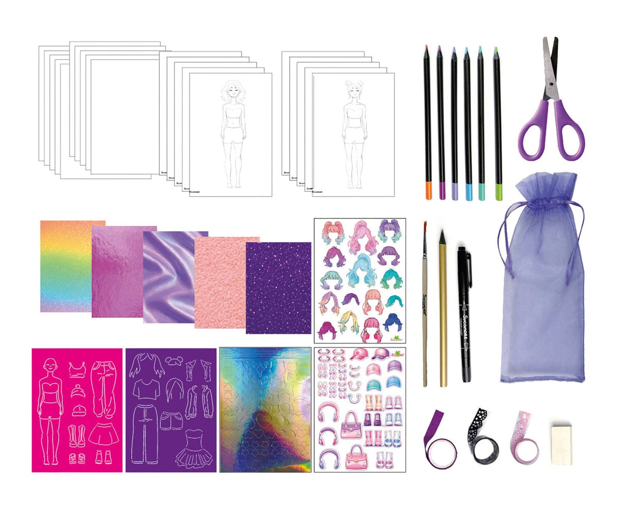 A doll customization kit laid out on a white background, including white sketch paper templates, colored pencils, purple-handled scissors, a lavender drawstring bag, sheets of colorful fabrics or stickers, and small accessories like paintbrushes, tape, and eraser.