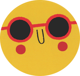 Round yellow sticker with black sunglasses and red accents