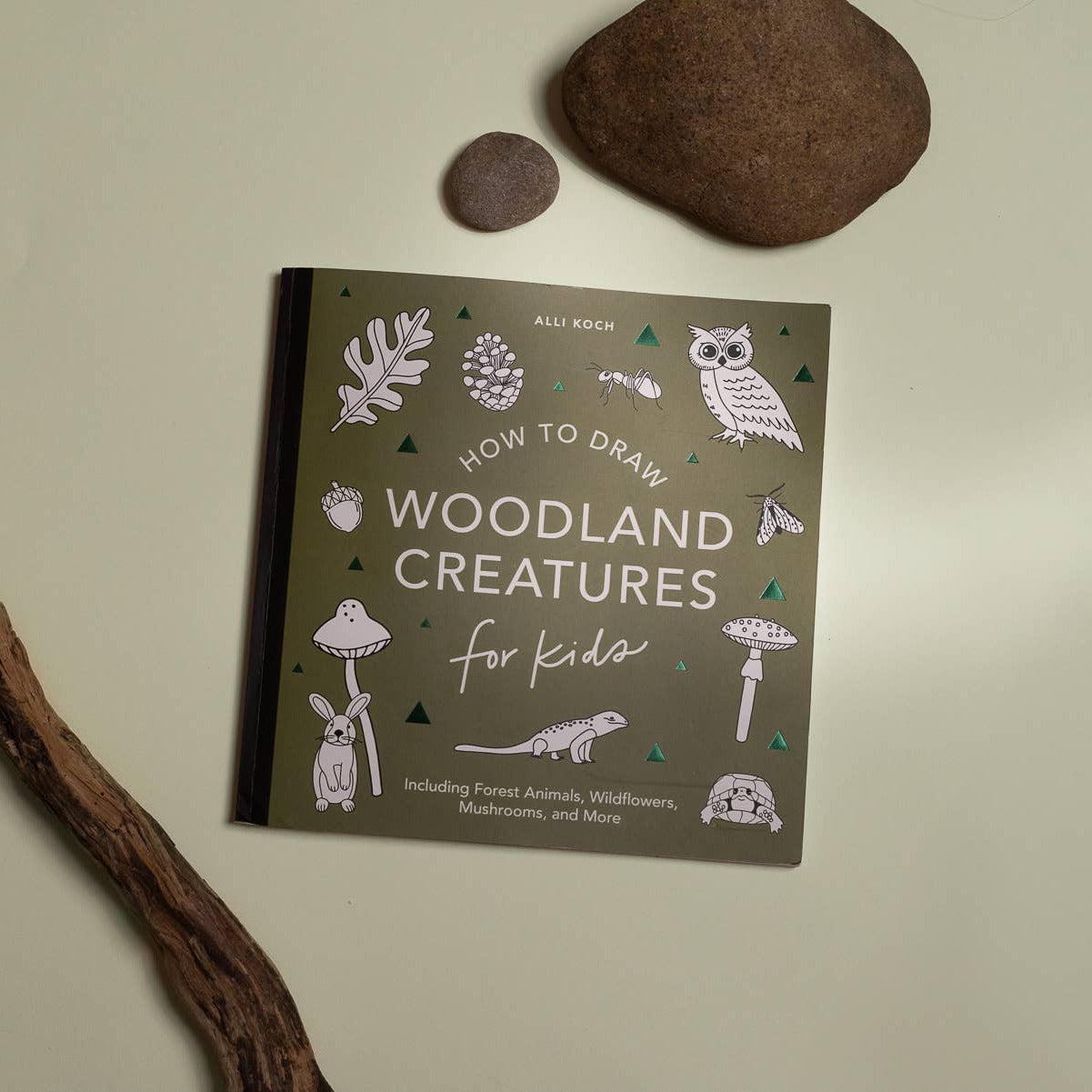 Book titled 'How to Draw Woodland Creatures for Kids' on a neutral background with natural elements.