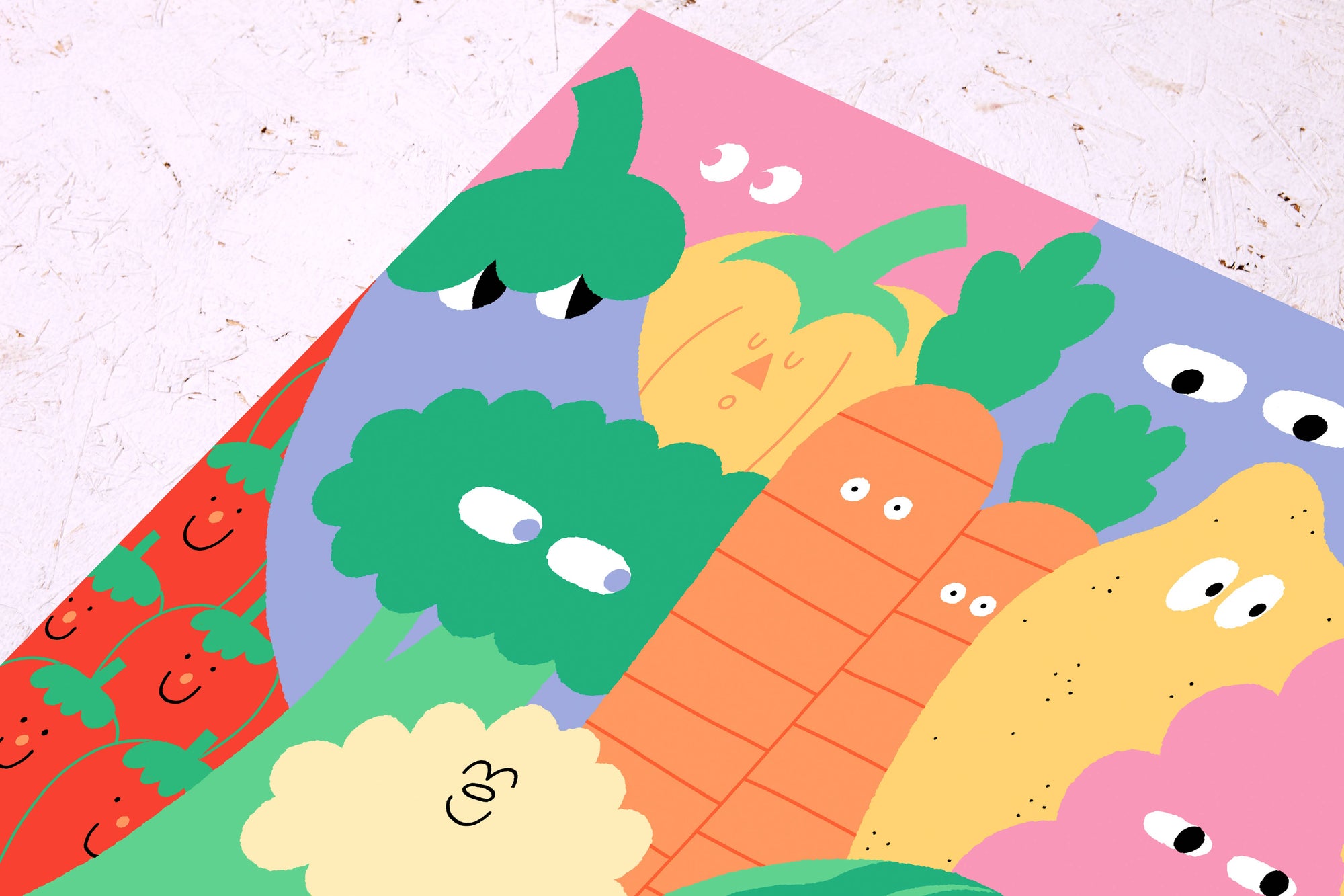 Colorful children's play mat with cartoon vegetables on a white background