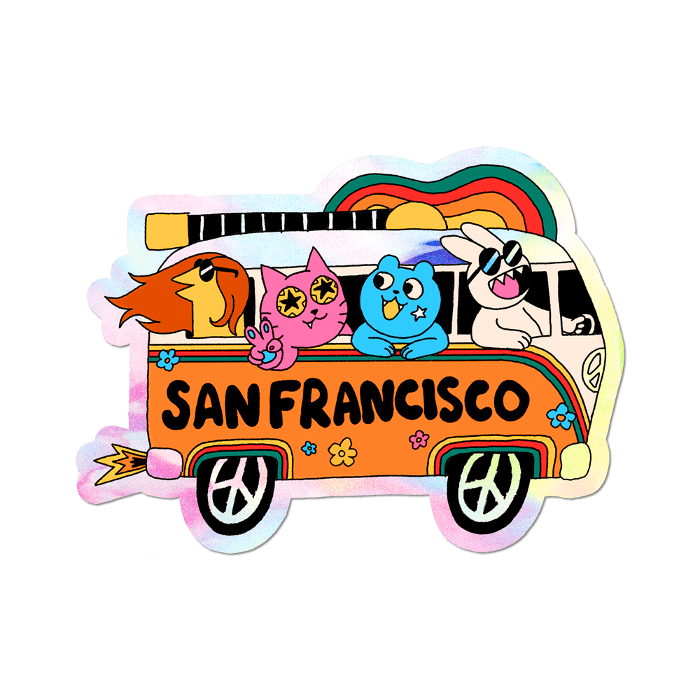 Colorful sticker of a van with cartoon characters and 'San Francisco' text on a black background