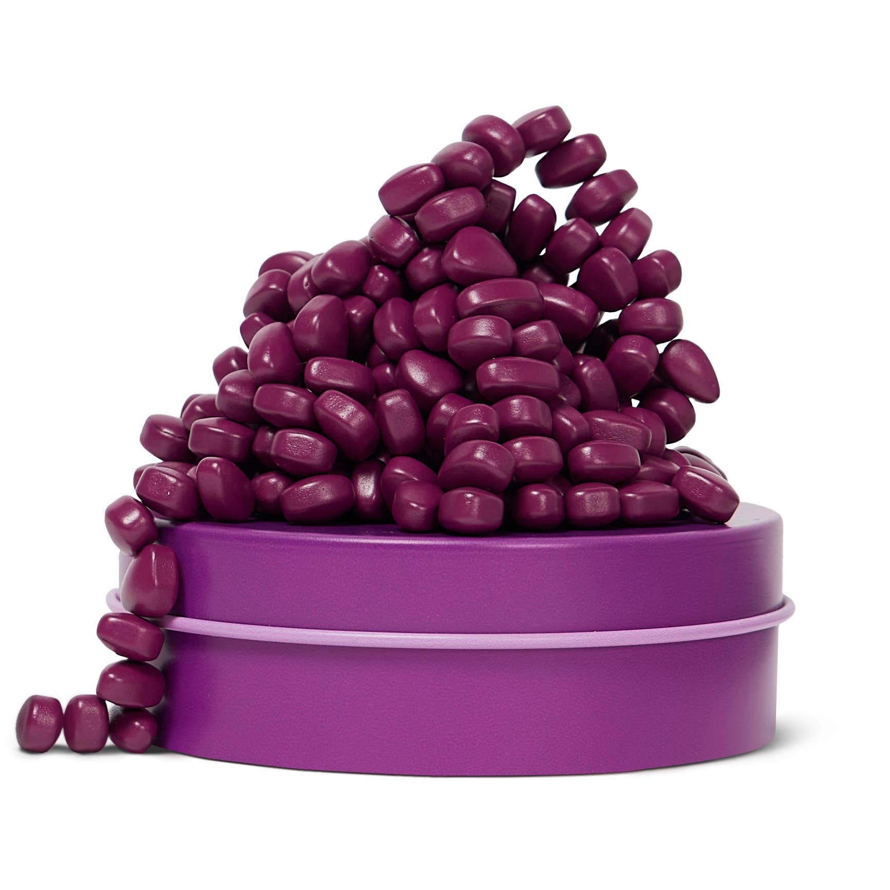 Purple container filled with purple magnets on a white background