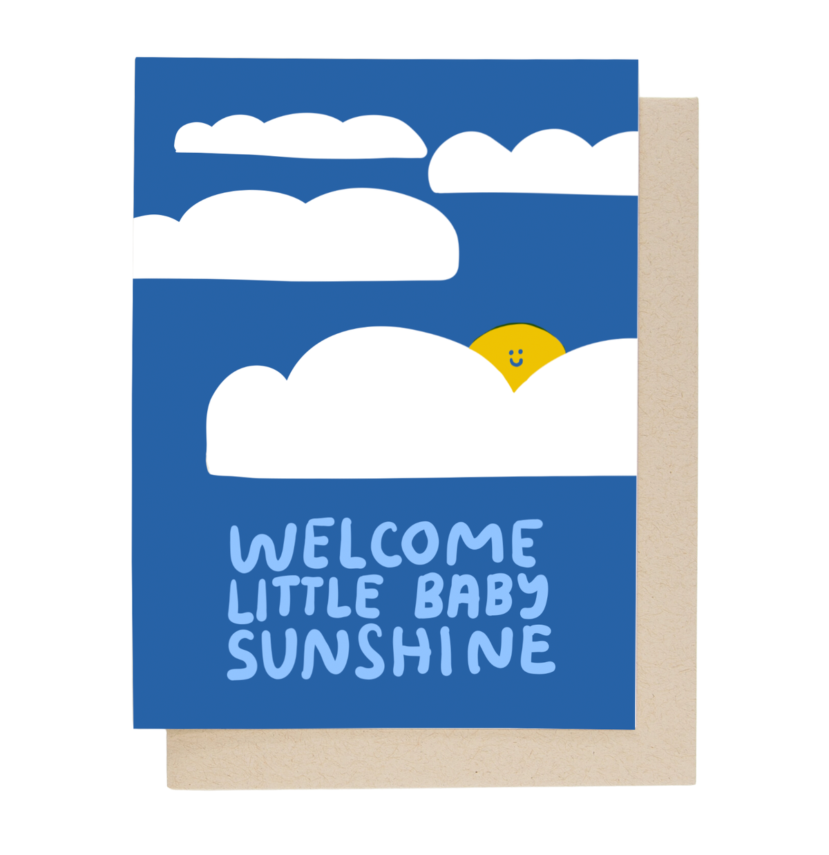 Greeting card with blue sky, clouds, and sun design, featuring 'Welcome Little Baby Sunshine' text.